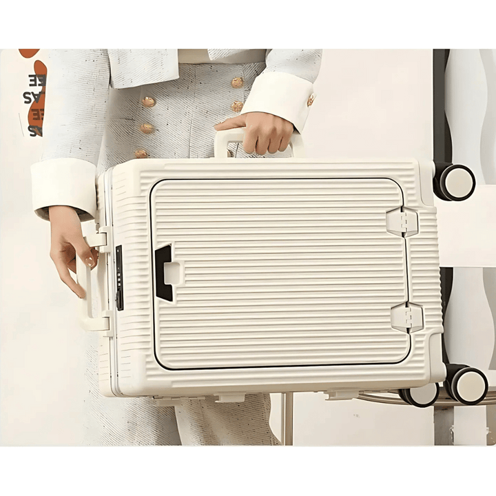Sleek black hard-shell carry-on with quiet spinner wheels & easy-access laptop compartment.