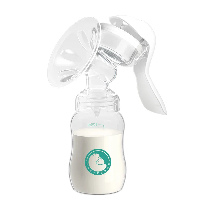 Manual breast pump with ergonomic handle and attached baby bottle, BPA-free for postpartum breastfeeding