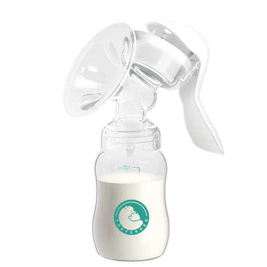 Manual breast pump with ergonomic handle and attached baby bottle, BPA-free for postpartum breastfeeding
