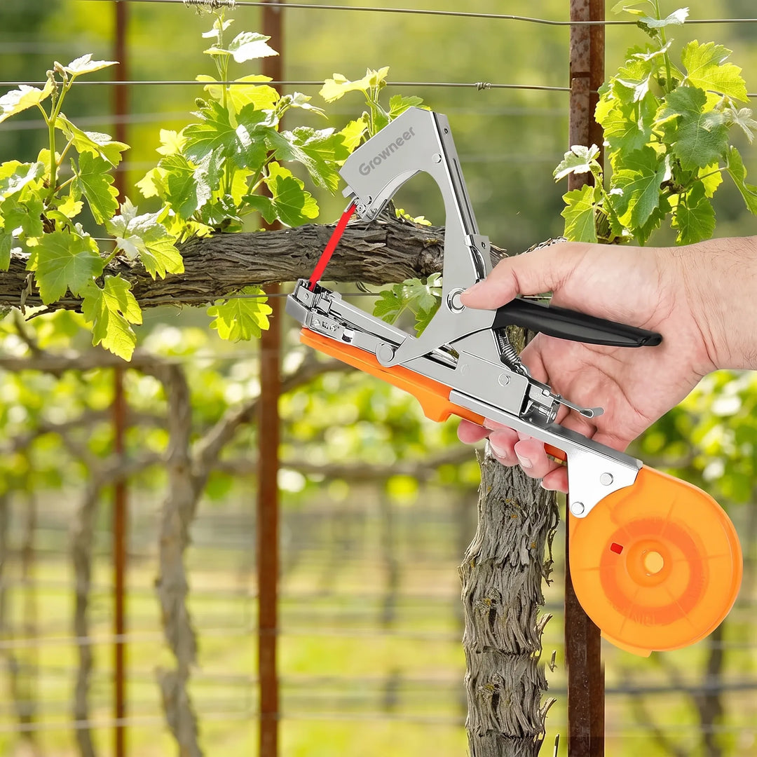 Efficient manual plant tying tool, perfect for securing grapevines & climbing vegetables quickly and easily.