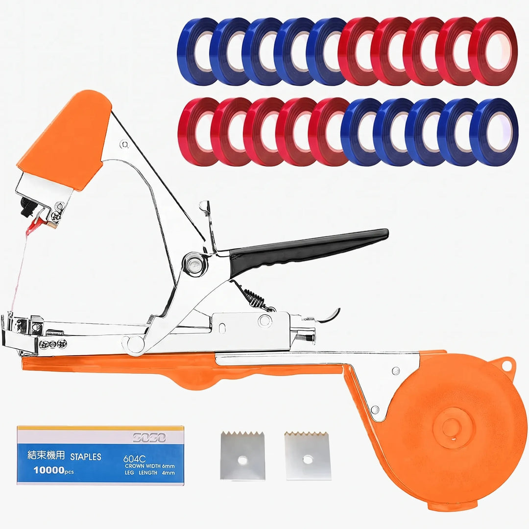 Green manual garden tool for plant tying, providing essential support for various vines & garden vegetables.