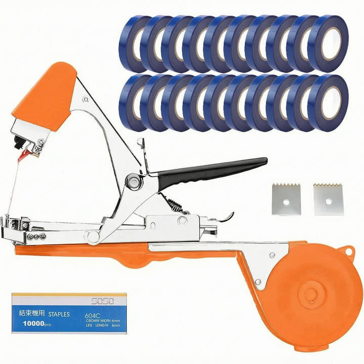 Compact, green manual garden tying machine with a comfortable grip for reliable vine & vegetable plant support.