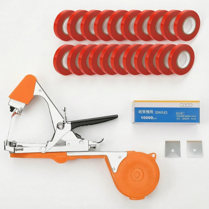 Versatile handheld plant tying tool, a garden essential for supporting tomatoes, cucumbers & other climbing plants.