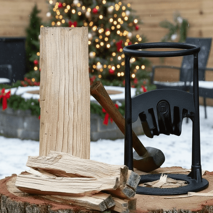 Heavy-duty cast iron firewood splitter, durable & portable manual wood kindling tool.