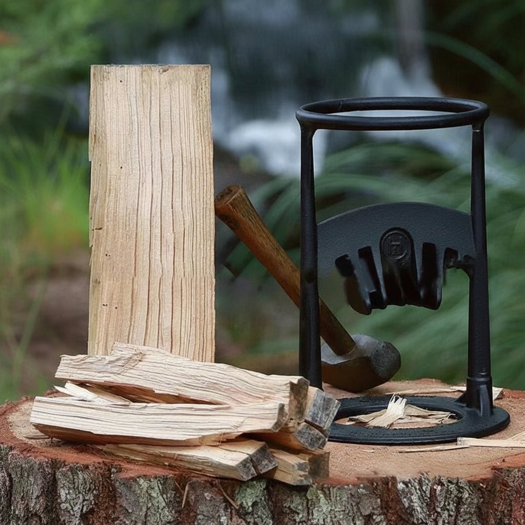 Safe manual kindling splitter, perfect for efficiently preparing wood for your fireplace or campfire.