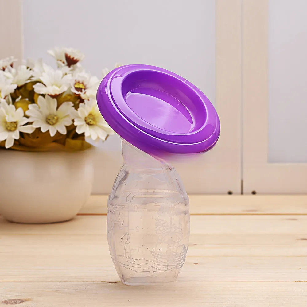 Side view of a manual silicone breast pump, showcasing its ergonomic design