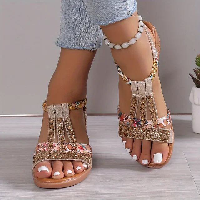 Close-up of Marla women's wedge sandals: Detailing comfortable, flexible straps for a secure fit.