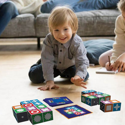 Match Madness game pieces including colorful blocks and various puzzle cards, safe toy for children
