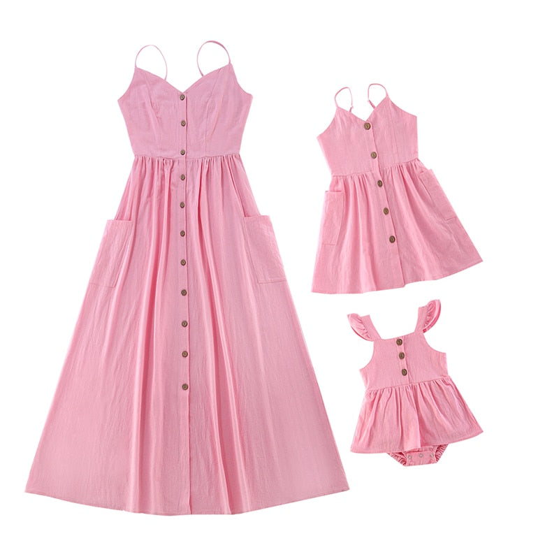 Mom and baby matching outfits: strapless button dress and cotton romper for casual wear