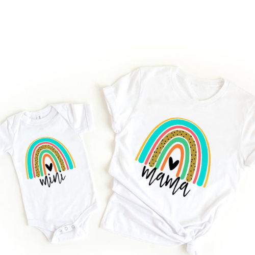 Mother and baby matching in soft, breathable rainbow cotton clothing set