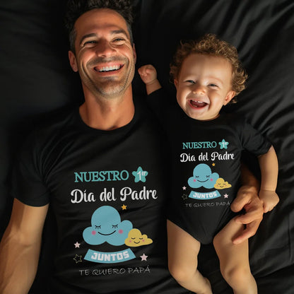 Matching white First Father's Day polyester blend t-shirt and baby romper set for dad and baby.