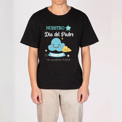 Polyester blend matching First Father's Day t-shirt and baby bodysuit, a thoughtful gift for dad.