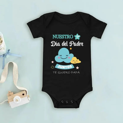 White 'First Father's Day' matching outfit, a comfortable polyester blend set for dad and his baby.