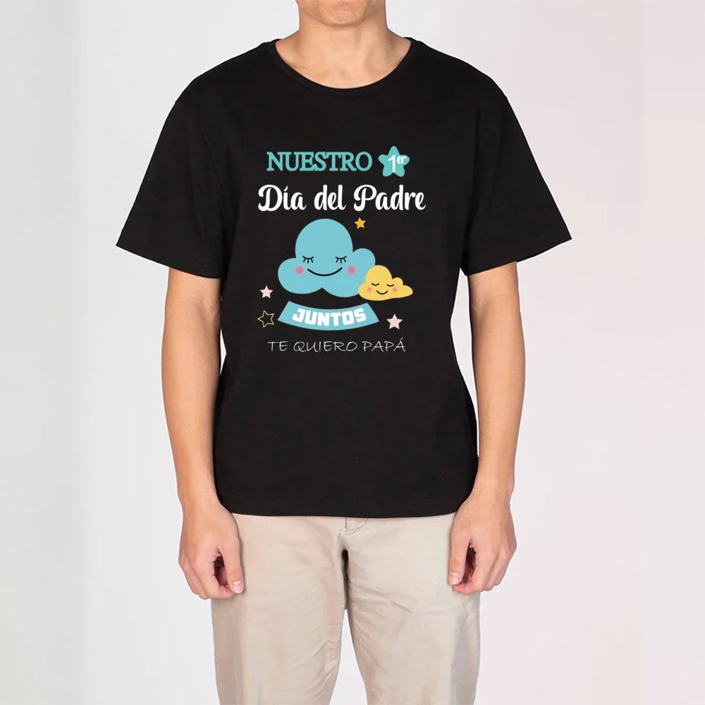 Flat lay of white polyester blend First Father's Day t-shirt for dad and unisex baby romper.