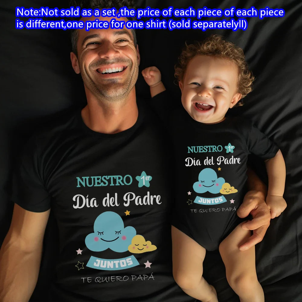 Gift set: white 'First Father's Day' men's t-shirt and baby romper, comfortable polyester blend.