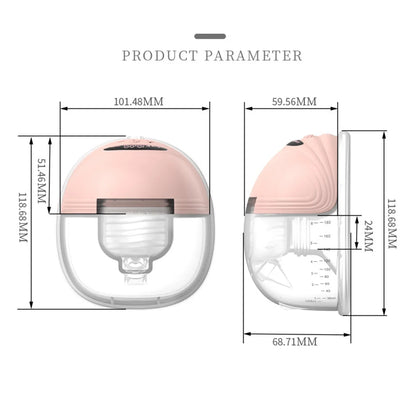 Portable hands-free breast pump with all components: main unit, milk collector, and charger for maternity