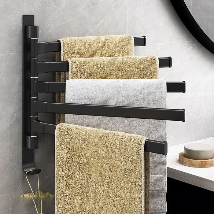 Matte black 5-arm swivel towel rack for bathroom wall mount. Space-saving metal towel holder for home organization.