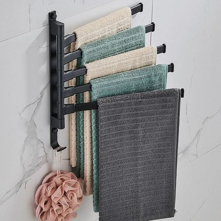 Swivel 5-arm bathroom towel bar, matte black wall mount for drying towels. Metal space-saving storage solution.