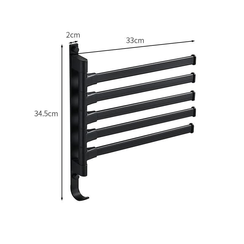Space-saving 5-arm swivel towel rack, matte black wall mount. Perfect bathroom storage and home organization.