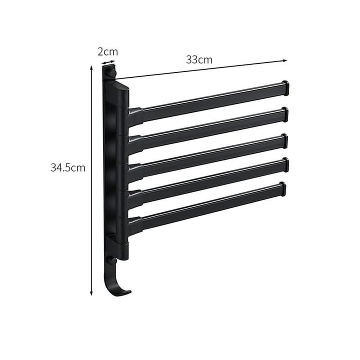 Space-saving 5-arm swivel towel rack, matte black wall mount. Perfect bathroom storage and home organization.
