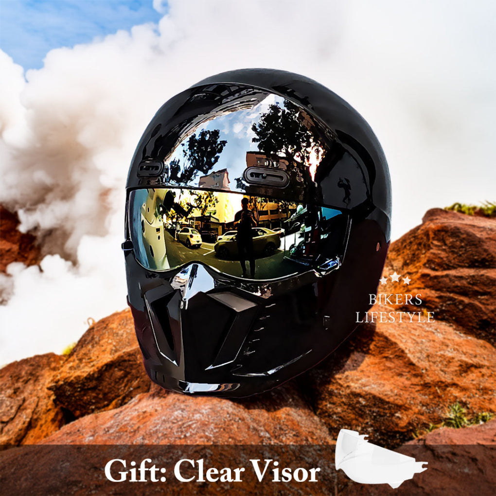 Sleek matte black unisex full face modular motorcycle helmet with clear integrated visor for protection.