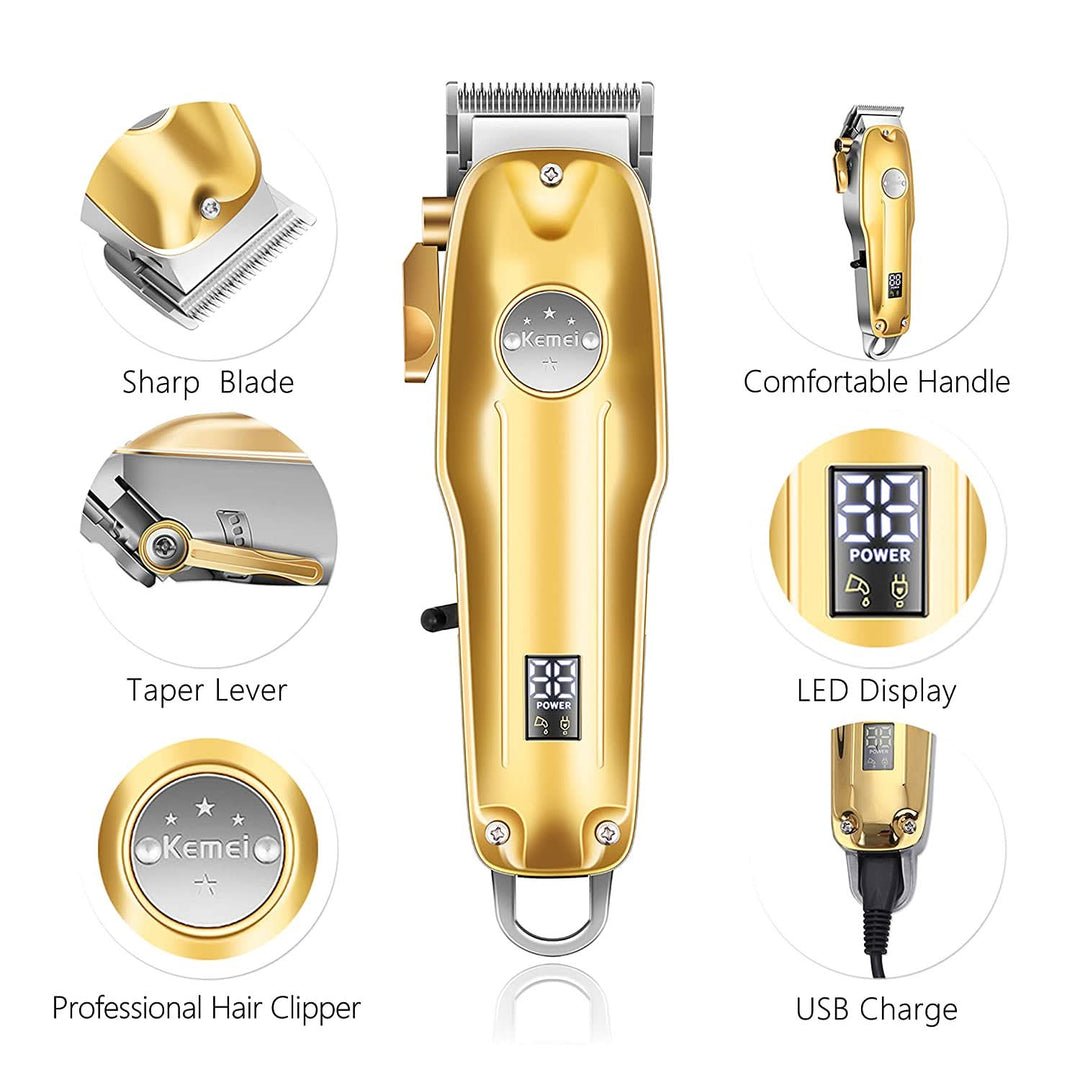 Ergonomic beard trimmer and body shaver for men's precision grooming. Comes with various attachments.
