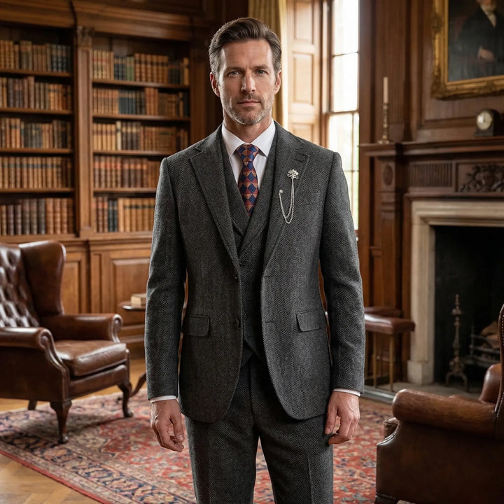 Men's 3-piece herringbone suit with tailored fit, ideal for business, weddings & formal events. Classic style.