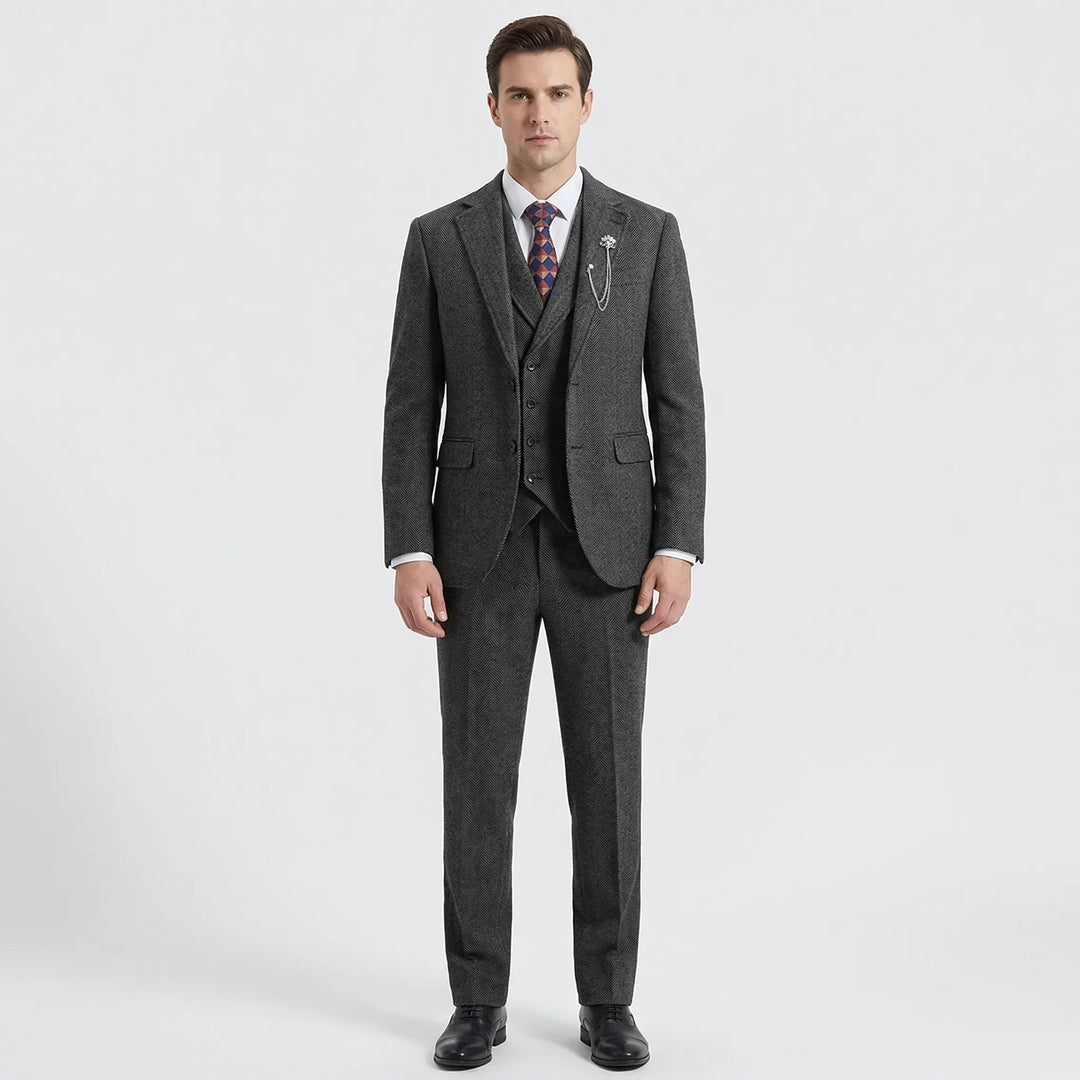 Sharp men's 3-piece herringbone suit, perfect wedding attire & business wear. Tailored, classic formal style.