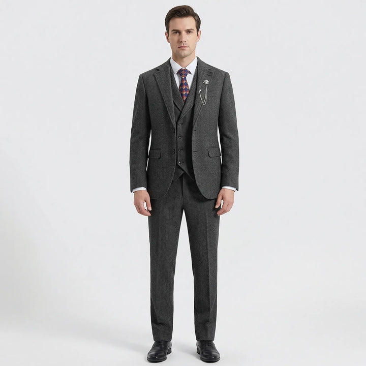 Sharp men's 3-piece herringbone suit, perfect wedding attire & business wear. Tailored, classic formal style.