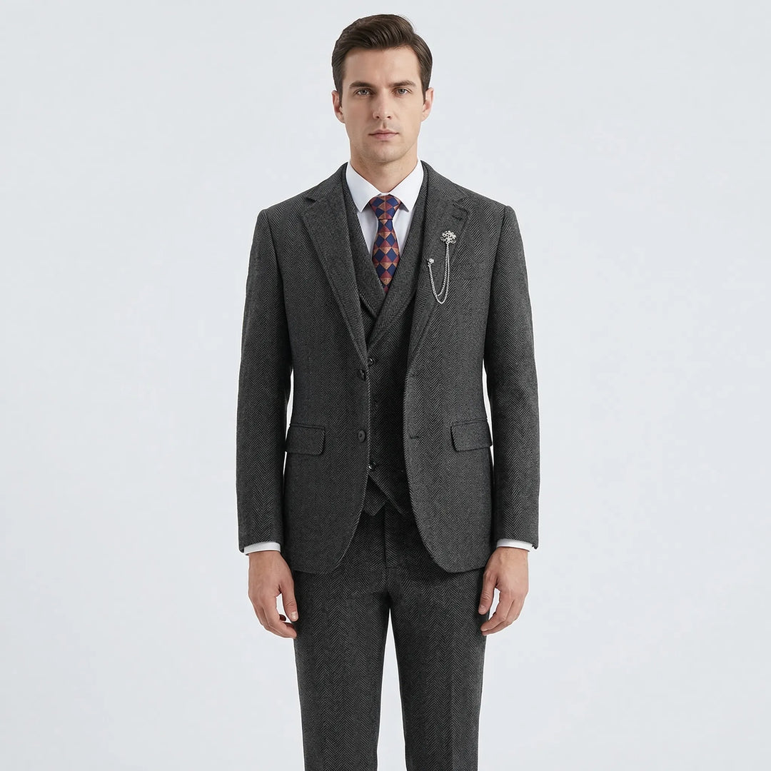Elegant men's tailored 3-piece herringbone suit, perfect for formal occasions & business attire. Classic style.