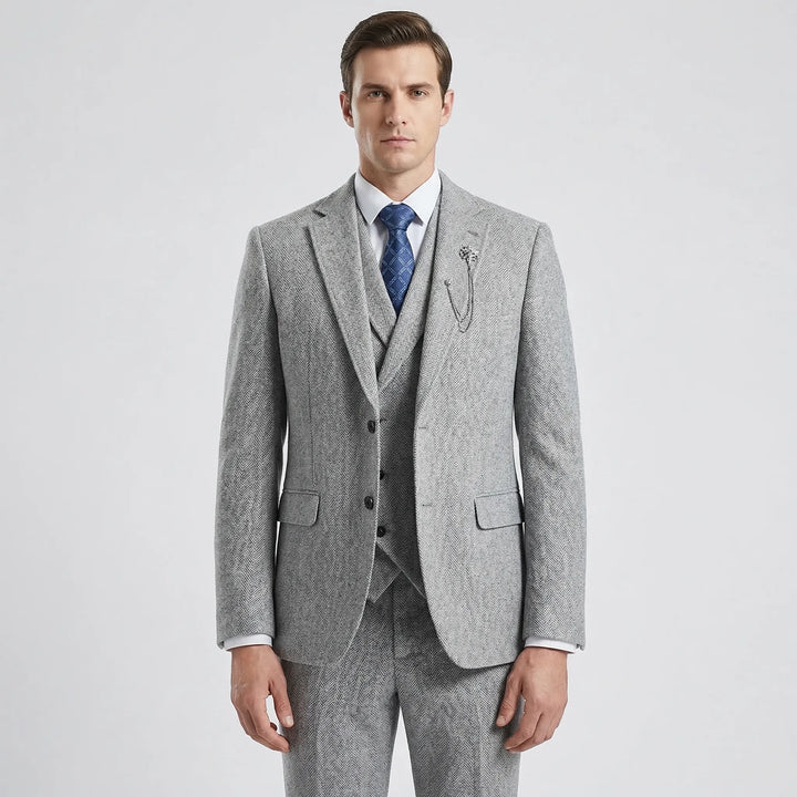 Leonard men's classic 3-piece herringbone suit. Sophisticated formal wear for weddings & business events.