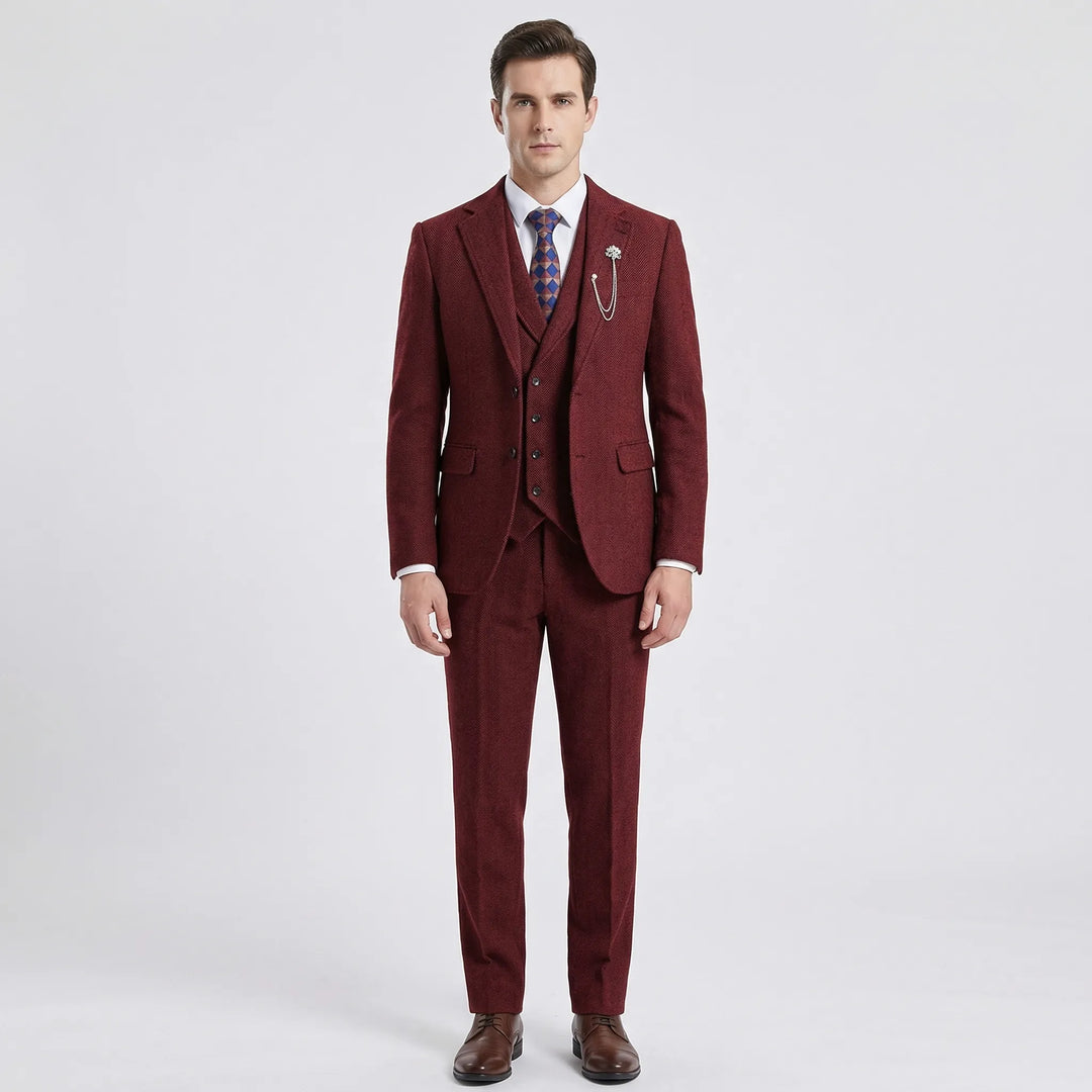 Complete men's formal 3-piece herringbone suit: jacket, vest, trousers for a sharp, tailored look.