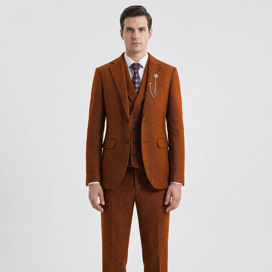 High-quality men's 3-piece herringbone suit, offering a sophisticated, timeless formal & business style.