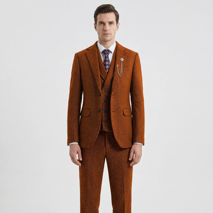 High-quality men's 3-piece herringbone suit, offering a sophisticated, timeless formal & business style.
