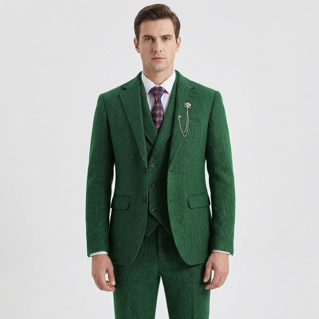 Versatile men's tailored 3-piece herringbone suit, suitable for weddings, business, & all formal events.