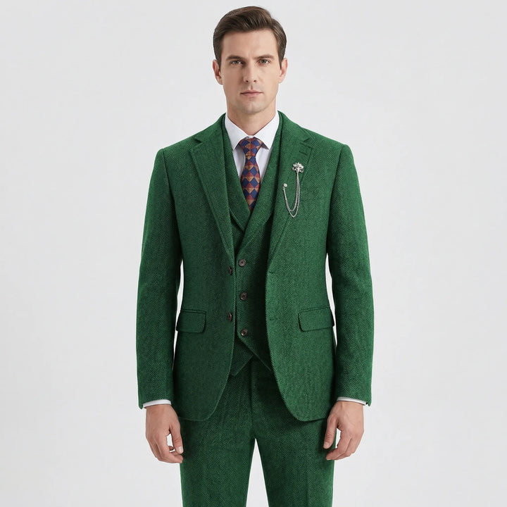 Versatile men's tailored 3-piece herringbone suit, suitable for weddings, business, & all formal events.