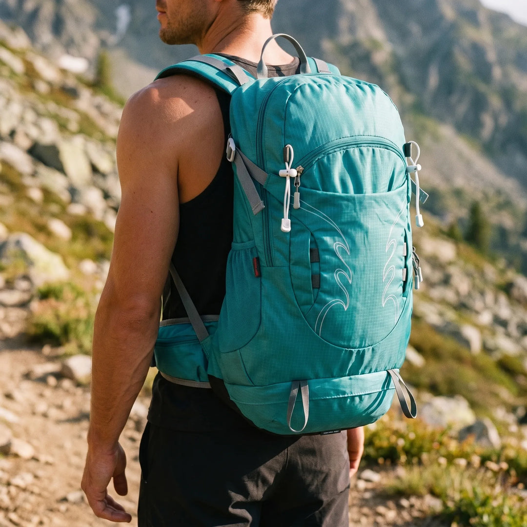 Men's 30L hiking backpack with ventilated back panel for comfort on trails.