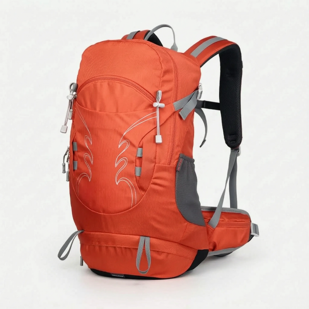 Compact 30L men's travel pack or daypack, designed for hiking with ventilated back.