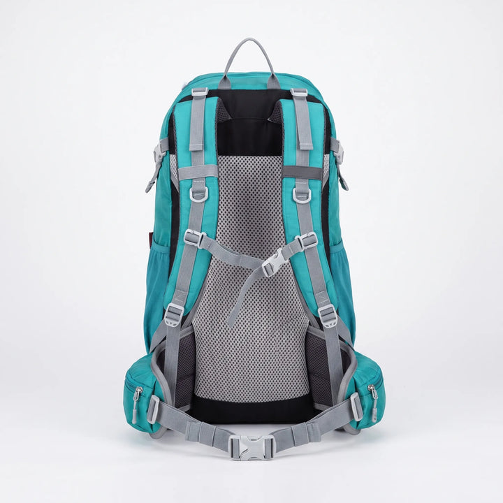 Hiker wearing a men's 30L ventilated hiking backpack on a scenic mountain trail.