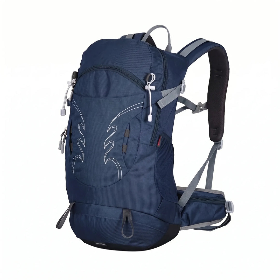 Close-up of the ventilated back panel on a men's 30L hiking backpack, showing airflow design.
