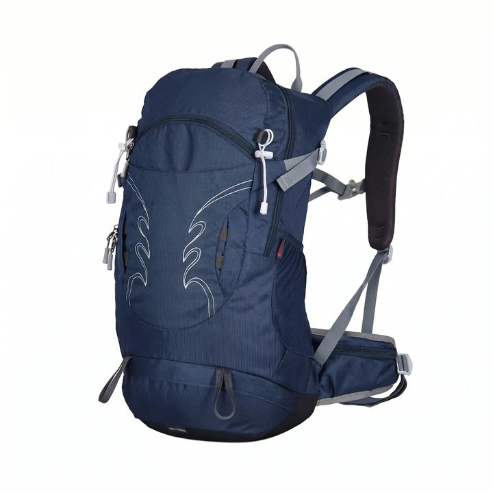 Close-up of the ventilated back panel on a men's 30L hiking backpack, showing airflow design.
