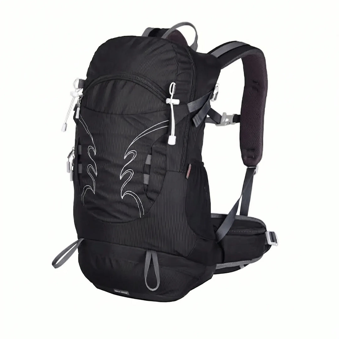 Full view of men's 30L hiking backpack, showing pockets, straps, and ventilated back.
