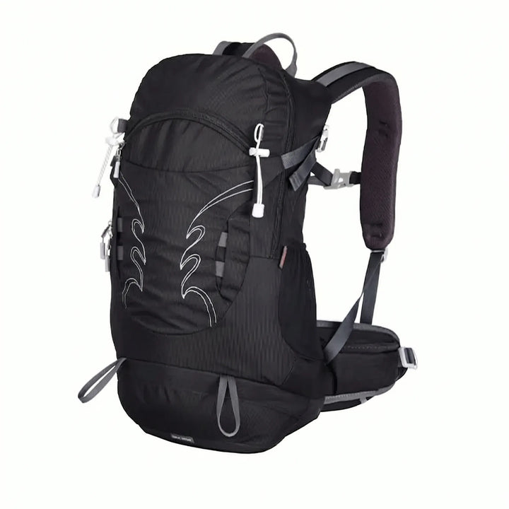 Full view of men's 30L hiking backpack, showing pockets, straps, and ventilated back.
