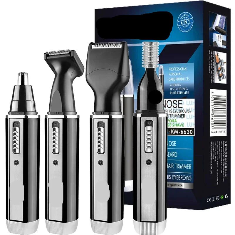 Men's 4-in-1 rechargeable nose & beard trimmer, grooming kit for facial hair, portable, black