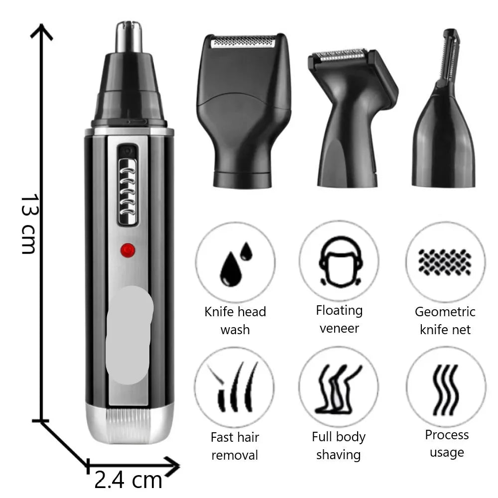 Rechargeable men's trimmer kit with various heads for beard, nose, and ear hair removal
