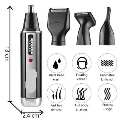 Rechargeable men's trimmer kit with various heads for beard, nose, and ear hair removal