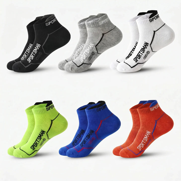 Durable men's running socks, 6-pack. Low-cut, breathable, and cushioned for high-intensity sports.