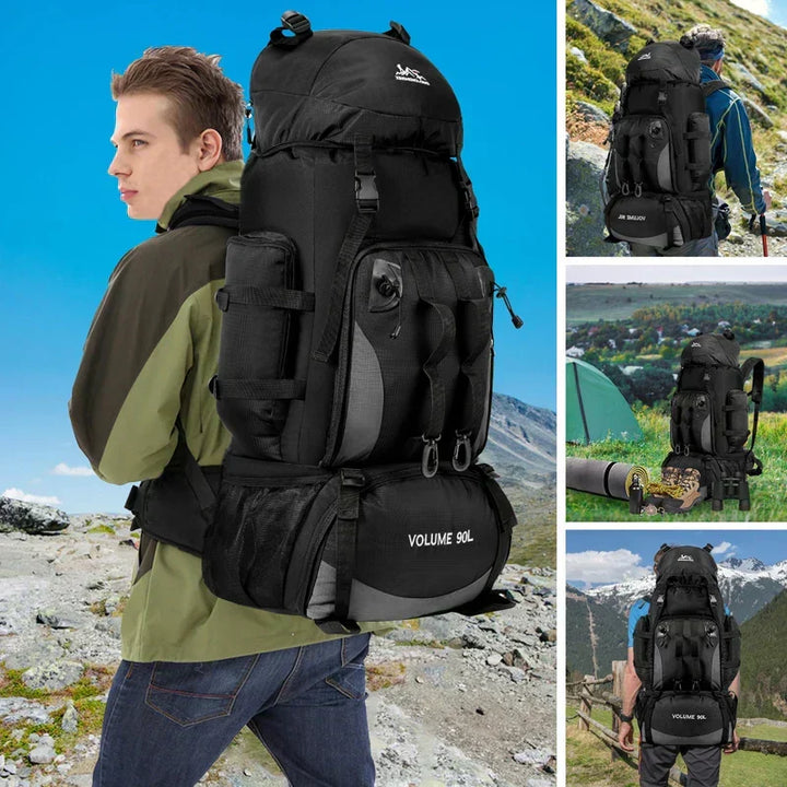 Men's 90L blue hiking backpack with multi-compartment design, ideal for long treks & camping.