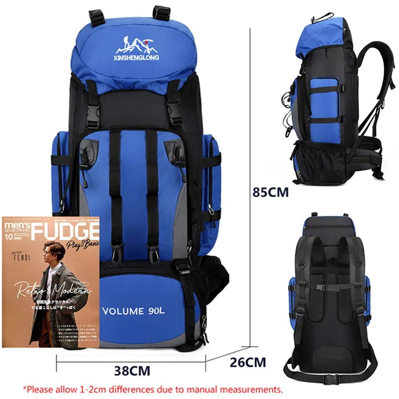 Durable men's 90L black hiking backpack, multi-compartment for organized outdoor gear & travel.