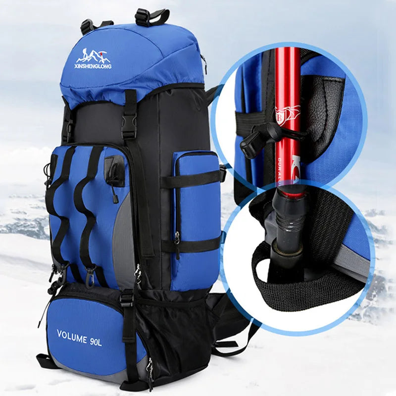 Waterproof red 90L adventure backpack for men, large capacity multi-compartment for camping & trekking.